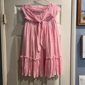 Strapless light pink flowy dress.